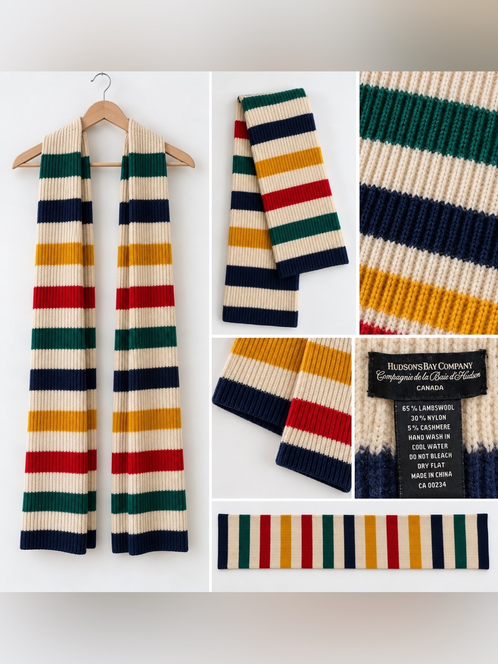 HBC Hudson Bay Classic Signature Striped Knit Scarf Lambswool Cashmere Blend